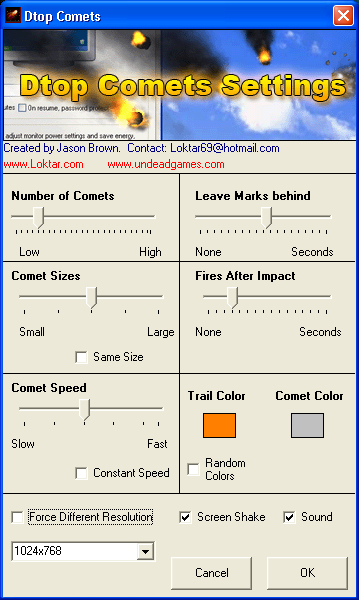 Comet Screen Saver Settings